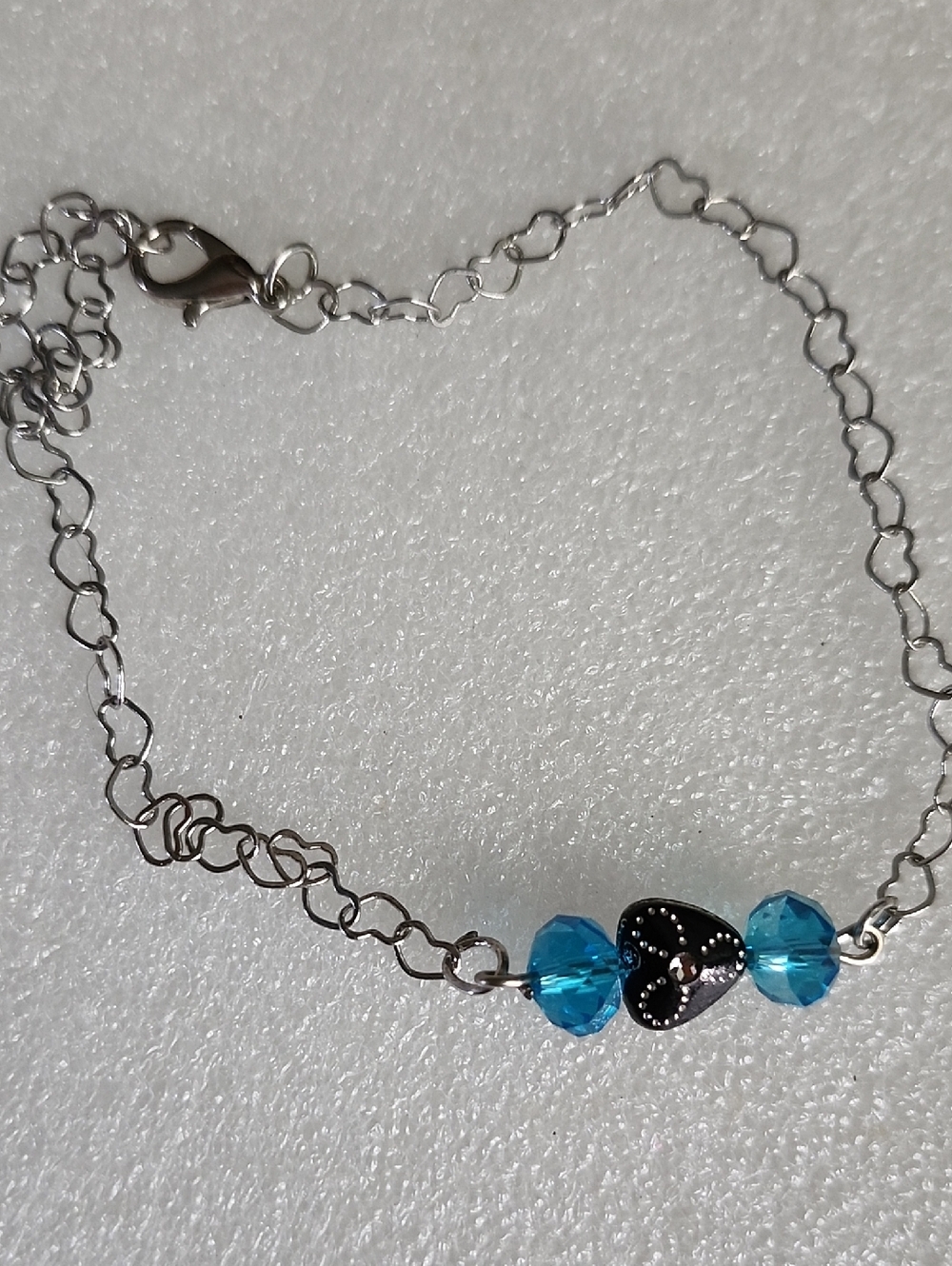 Hand Crafted Silver-Tone Bracelet /Anklet with Bright Blue Beads and Heart Charm